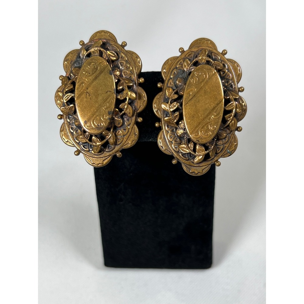 Vintage Ornate Brass Tone Victorian Style Engraved Oval Clip On Earrings